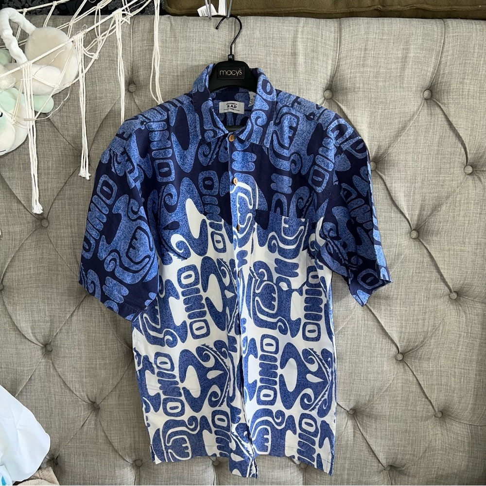 K.A.D Men's XL 100% Cotton button up shirt Blue White Tropical Hawaiian Aloha